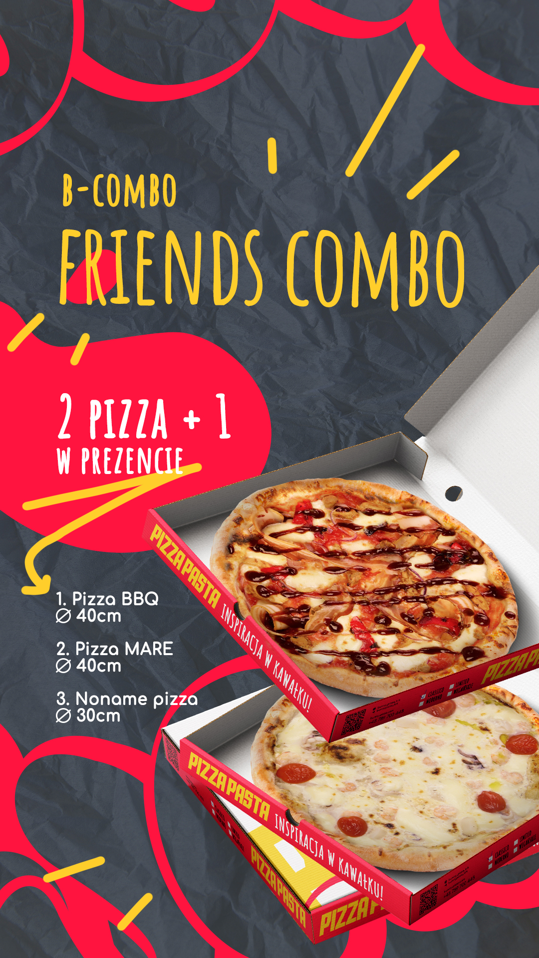 BunnyPizza Friends Combo campaign visual with branded packaging