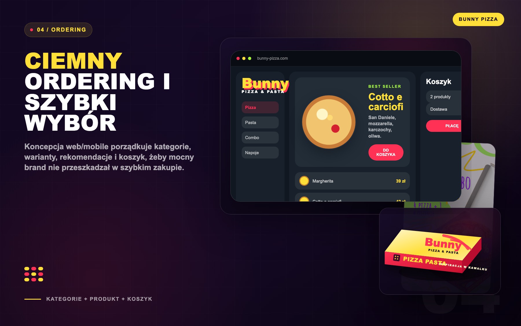 Bunny Pizza dark ordering system composition with UI, packaging and promo logic