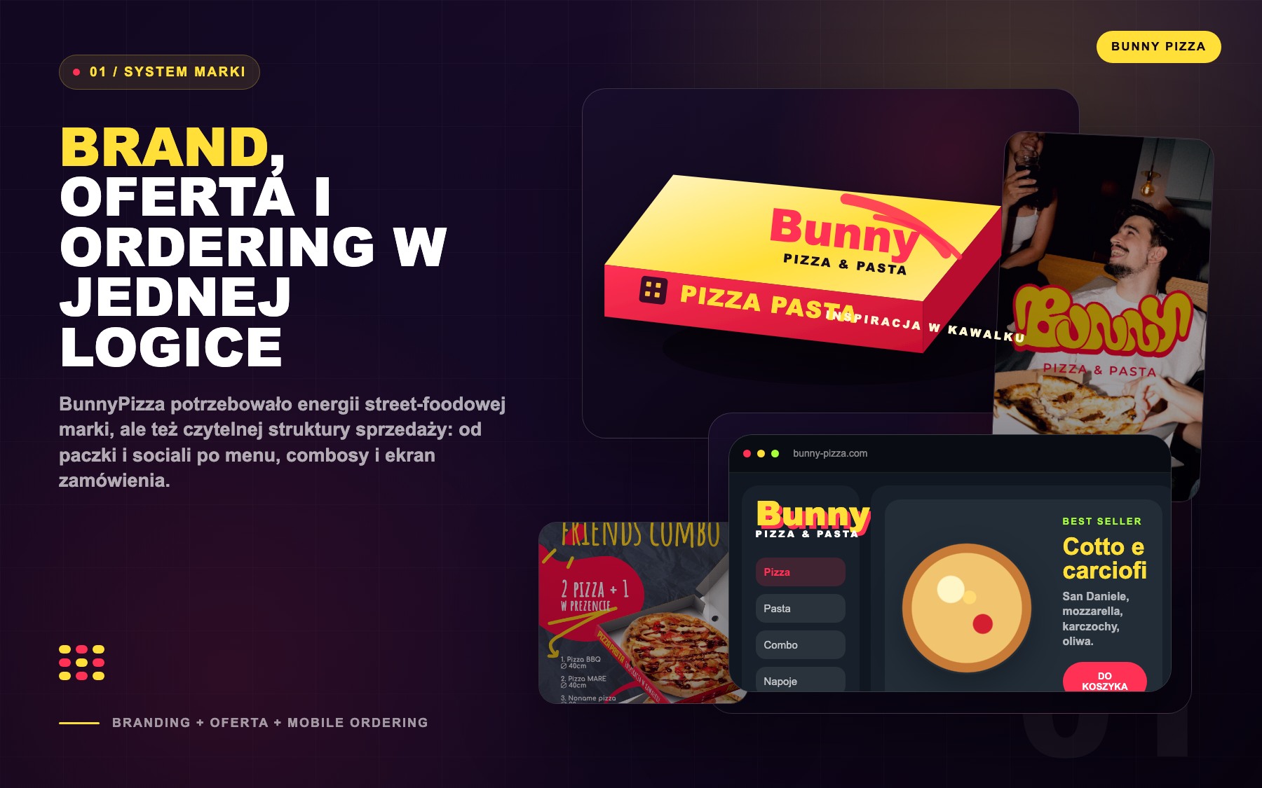 Bunny Pizza dark editorial composition showing brand, packaging, SMM and ordering system