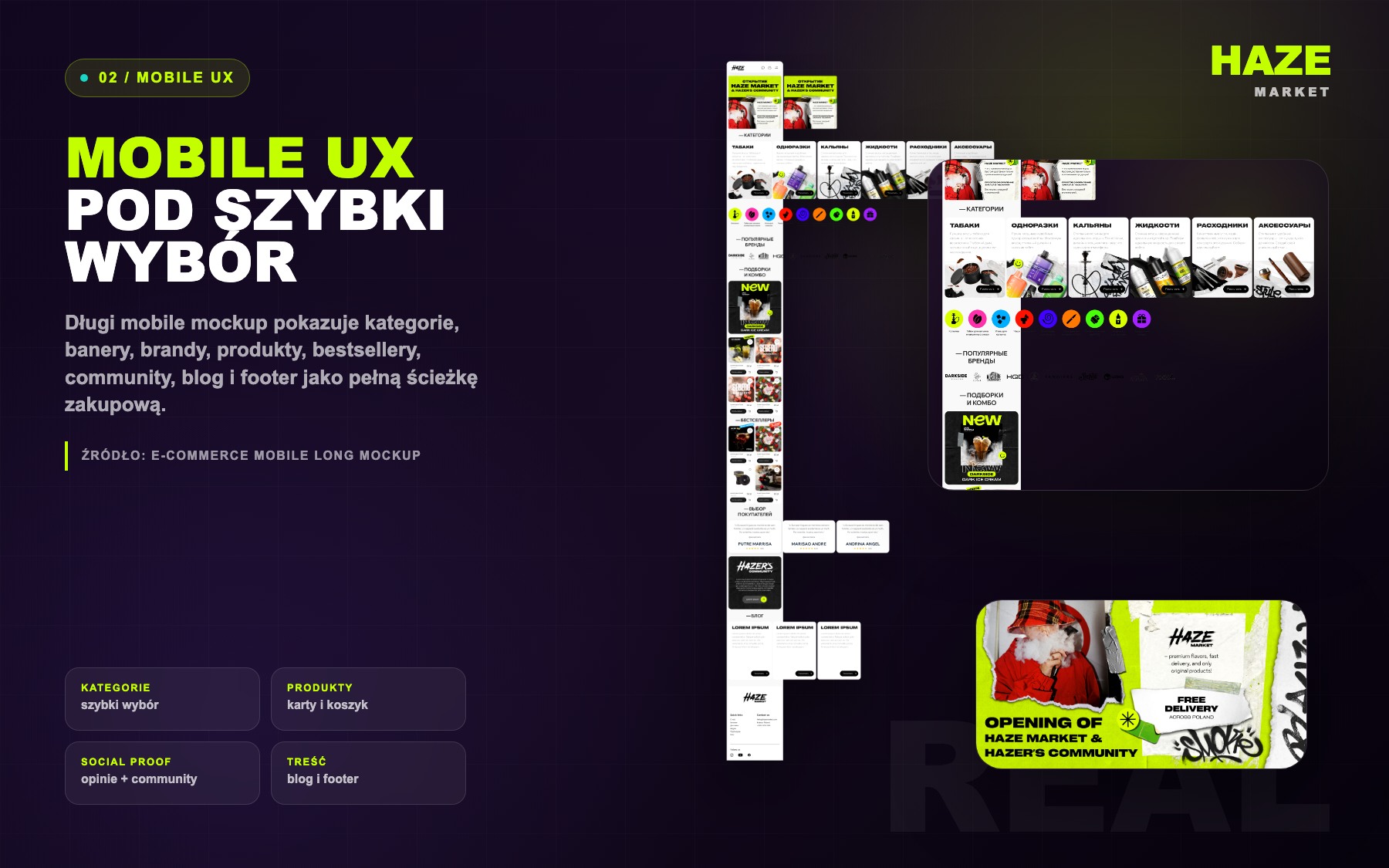 HAZE Market mobile commerce case board with real e-commerce mockup and launch banner