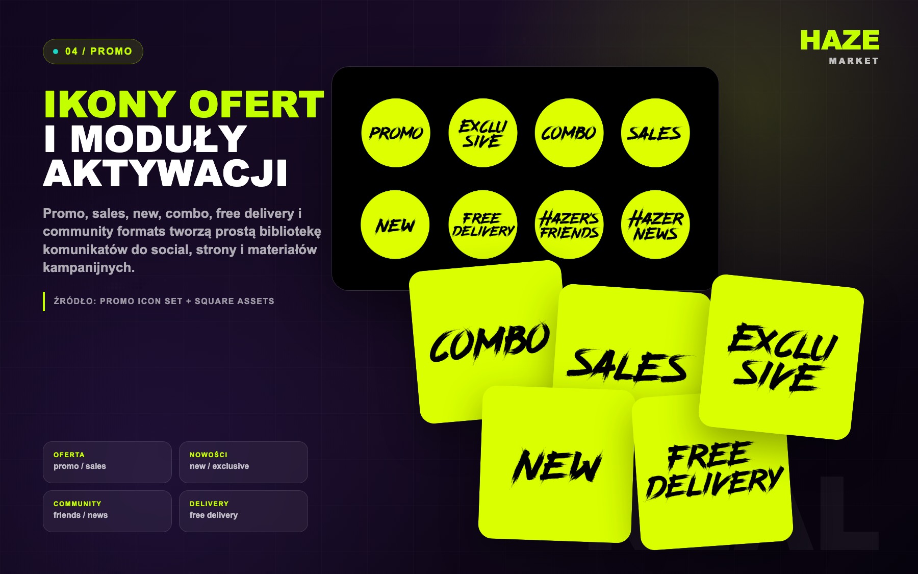 HAZE Market promo icon library and activation modules adapted for dark case UI