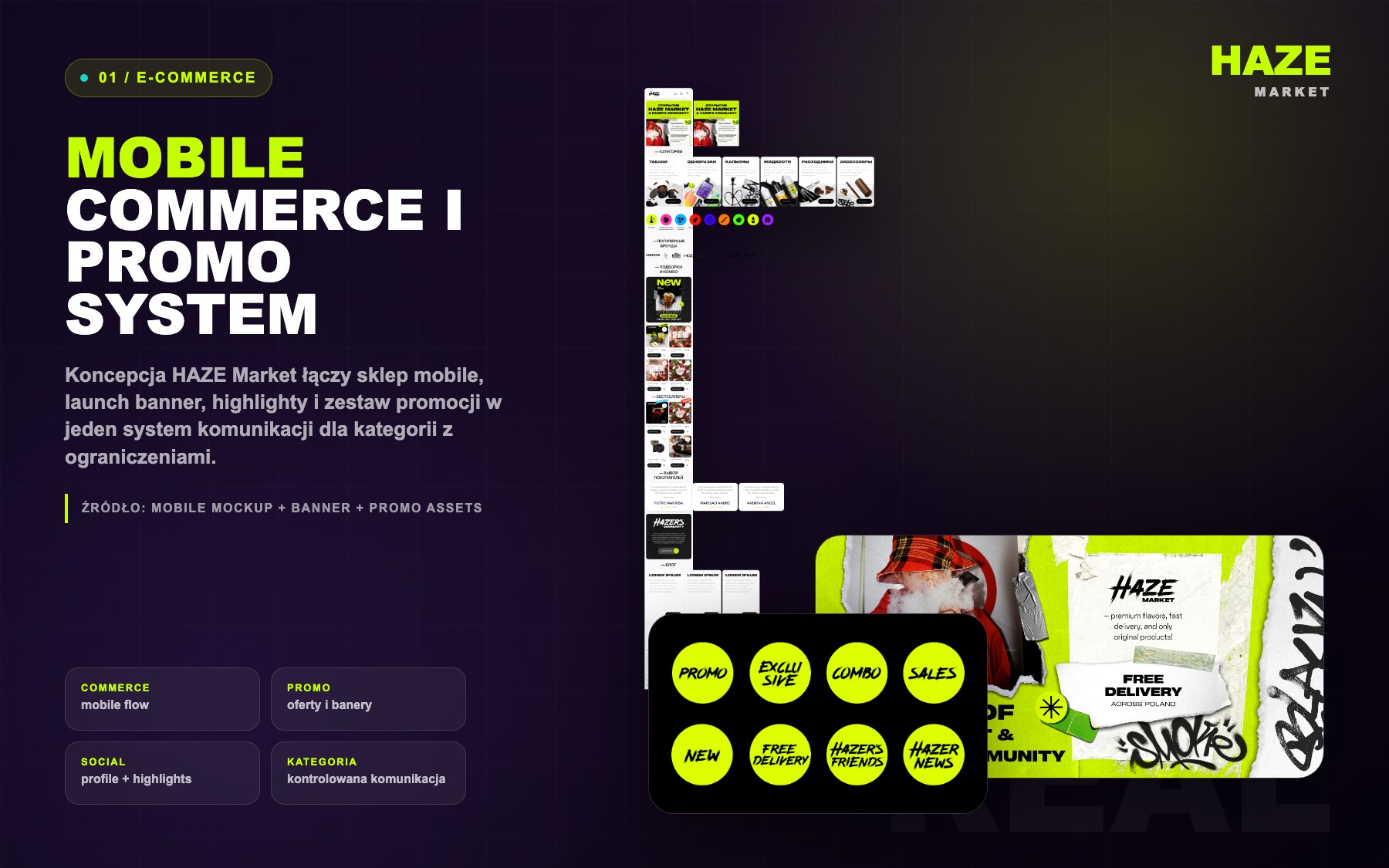 HAZE Market dark case board with mobile commerce, launch banner and promo system