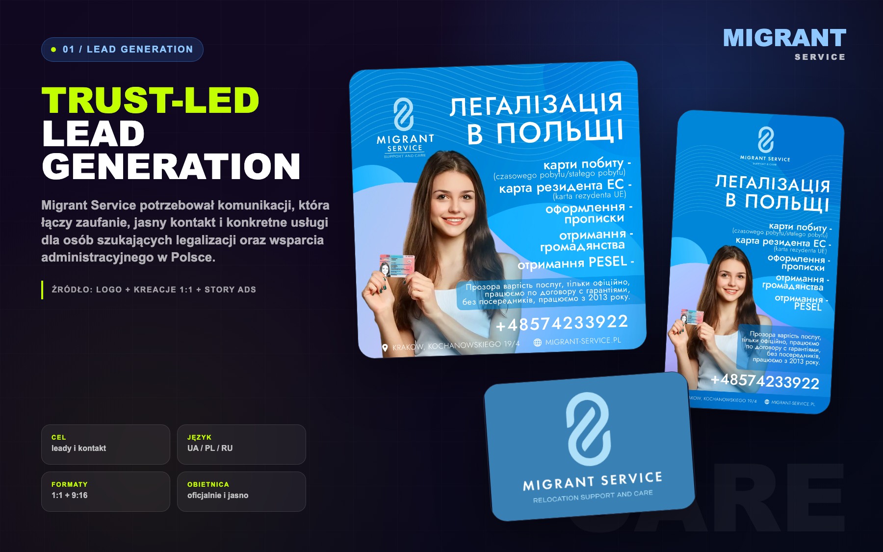 Migrant Service dark case board showing trust-led lead generation materials and original ads