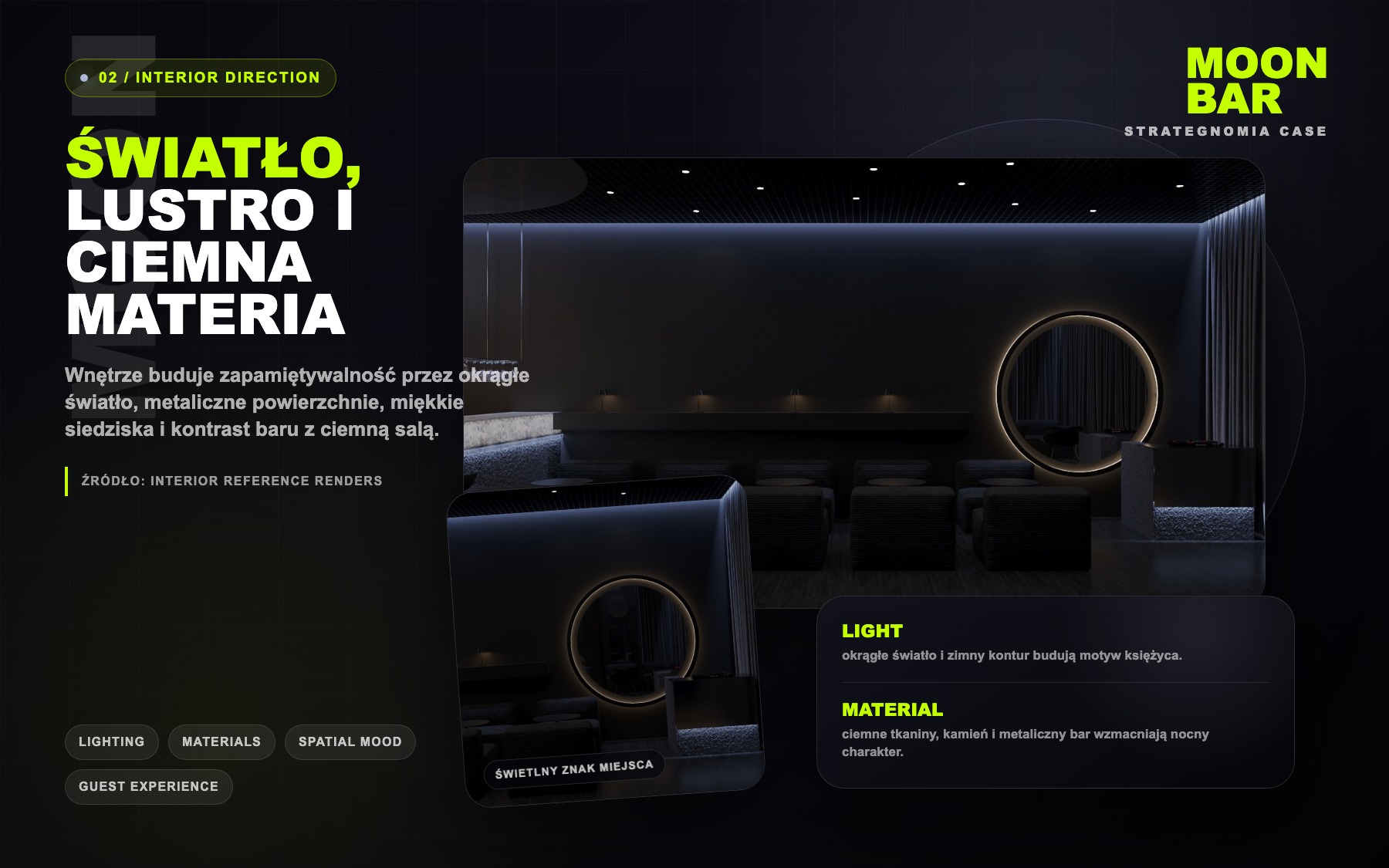 MoonBar interior atmosphere system with real dark lounge and circular mirror renders