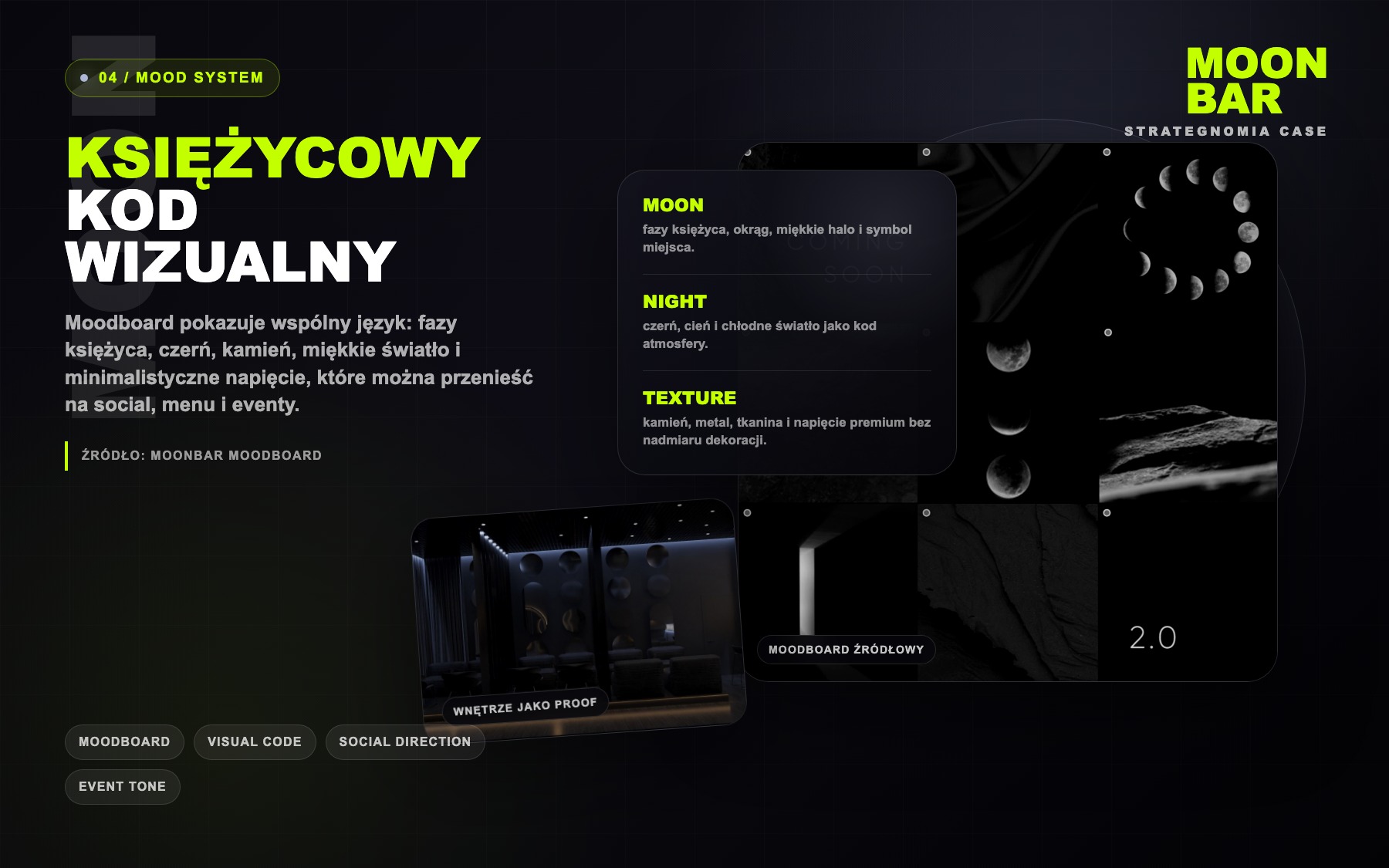 MoonBar mood direction system with moon moodboard and dark interior proof