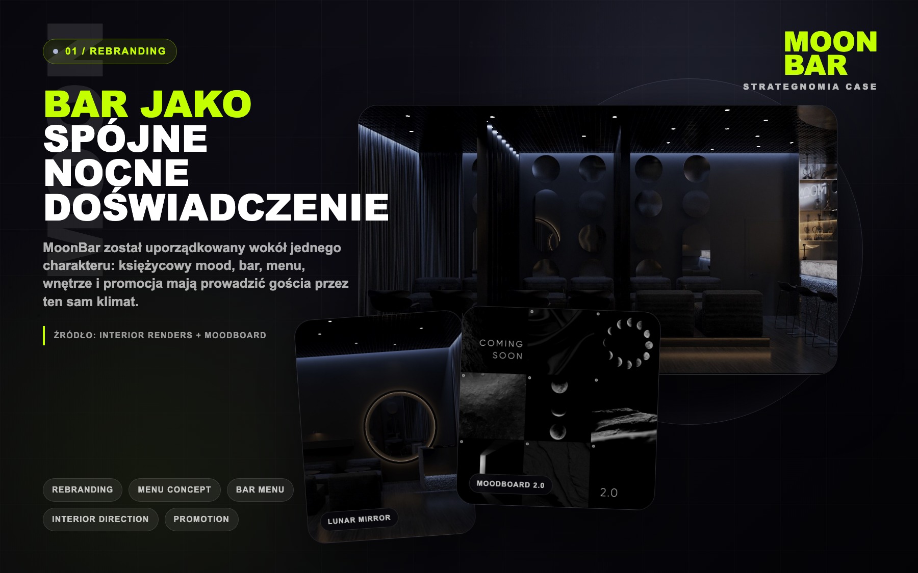 Strategnomia dark case visual for MoonBar rebranding, interior mood and menu concept