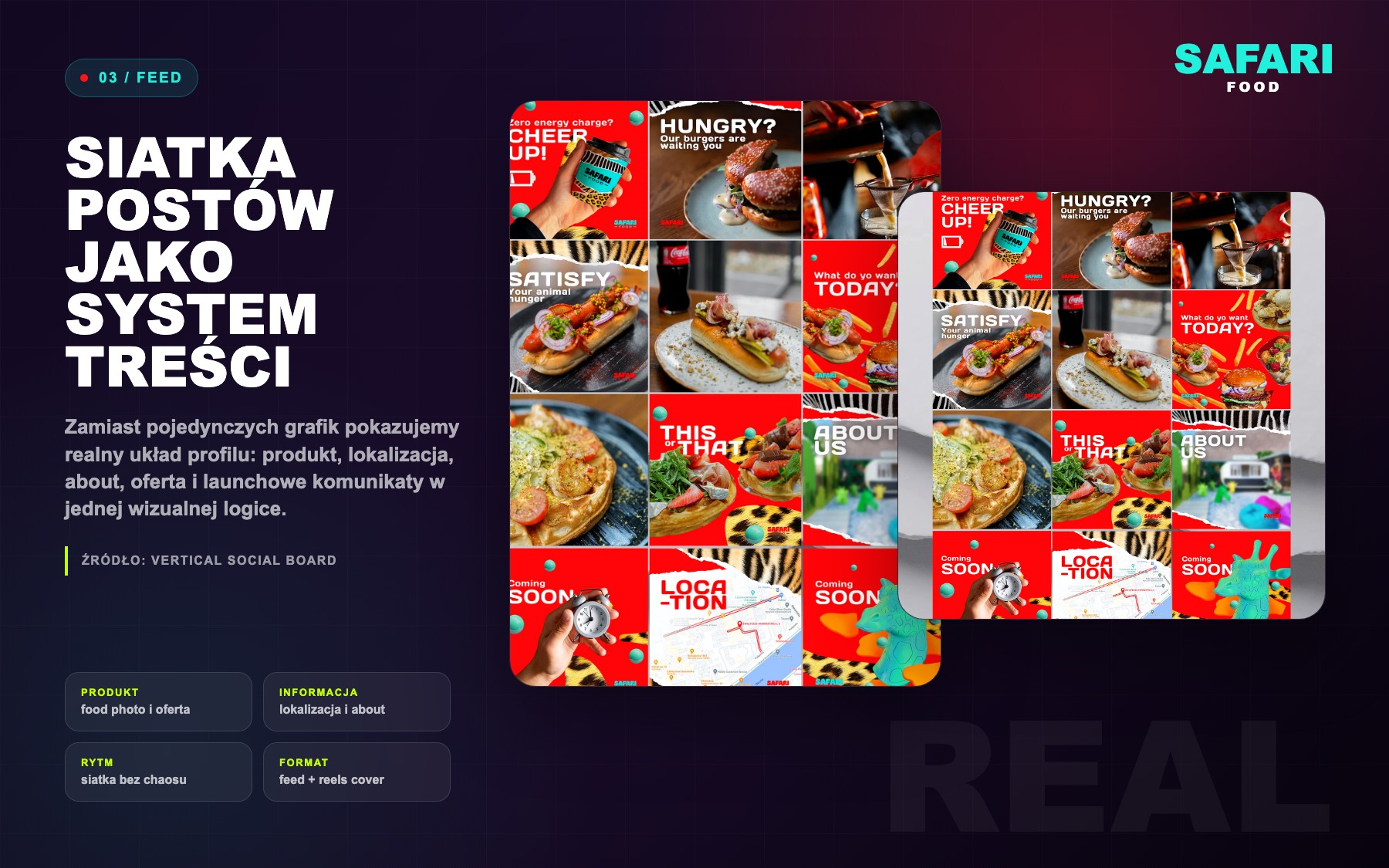 Safari Food feed content system with product, location, about and offer posts