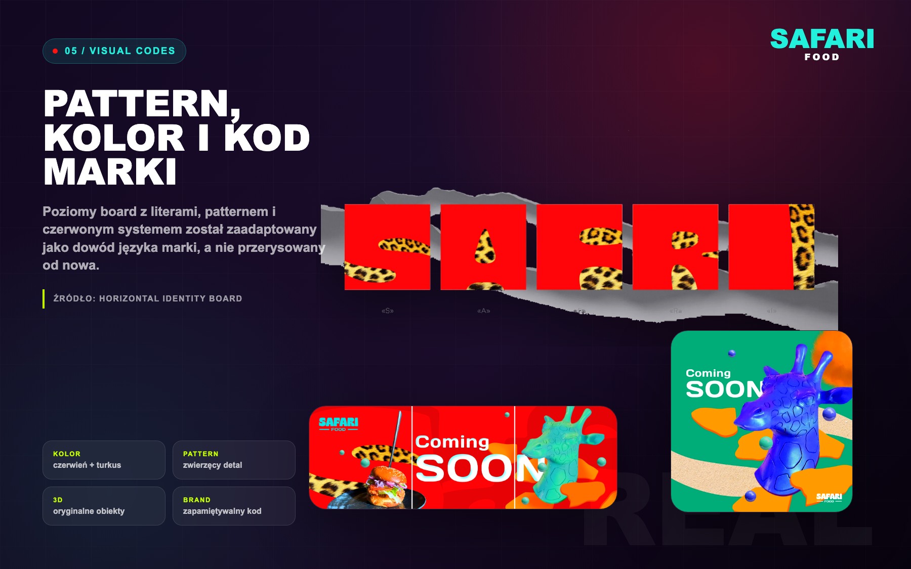 Safari Food visual codes board with colors pattern type and 3D objects
