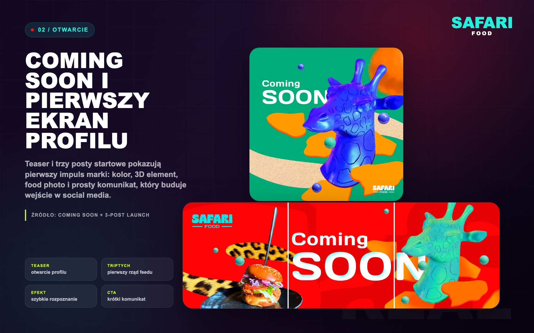 Safari Food coming soon launch system with teaser and triptych