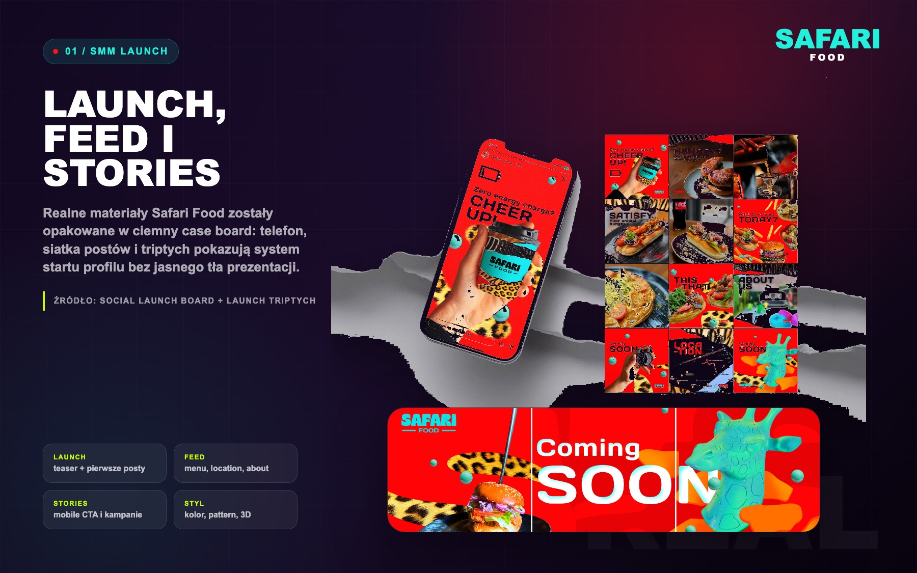 Safari Food dark editorial case board showing launch feed and stories system