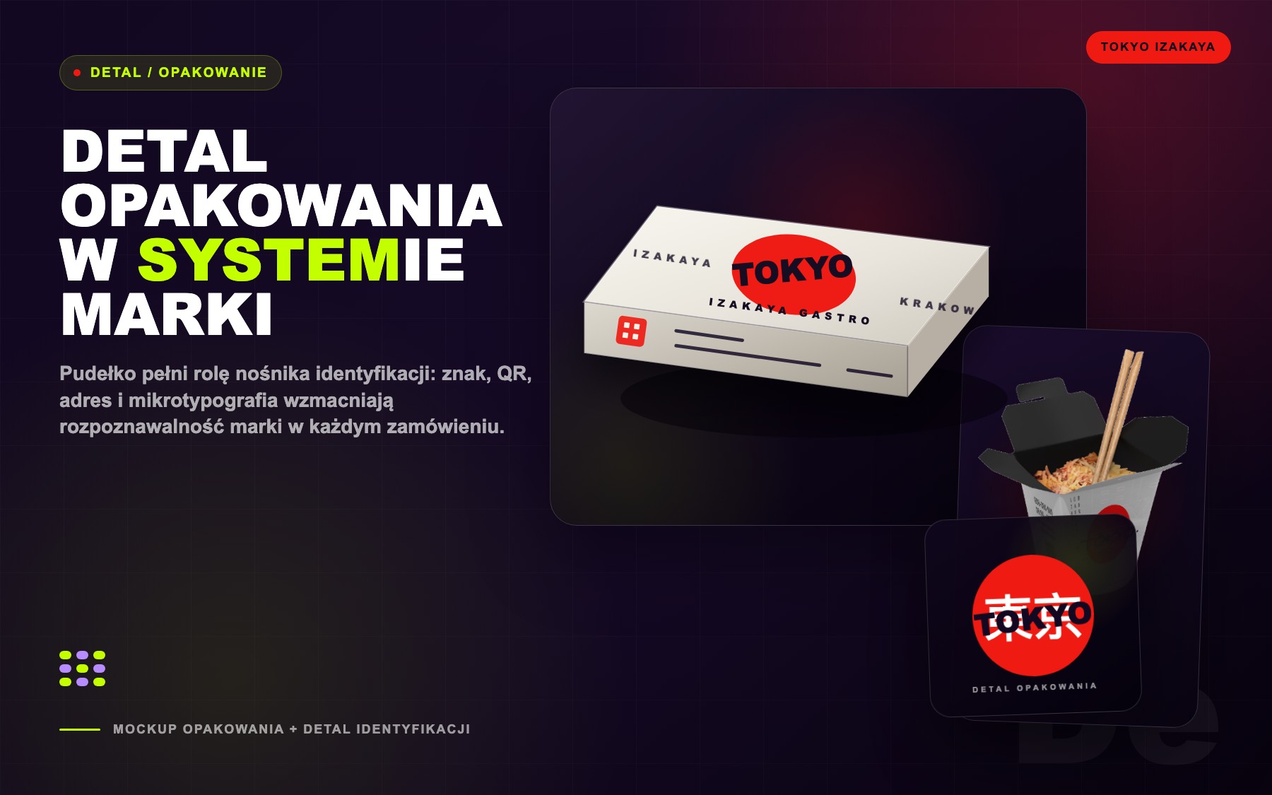 Tokyo Izakaya dark packaging detail mockup with brand mark, QR and typography