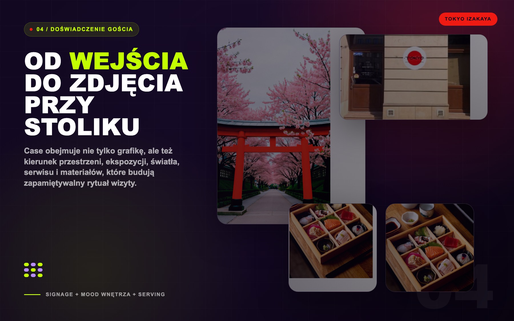 Tokyo Izakaya guest experience system with signage, interior mood and serving references