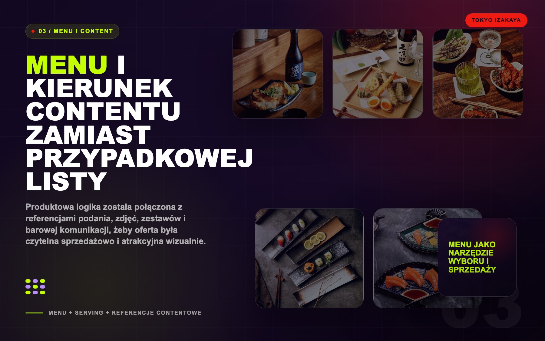 Tokyo Izakaya menu and content direction without white presentation background